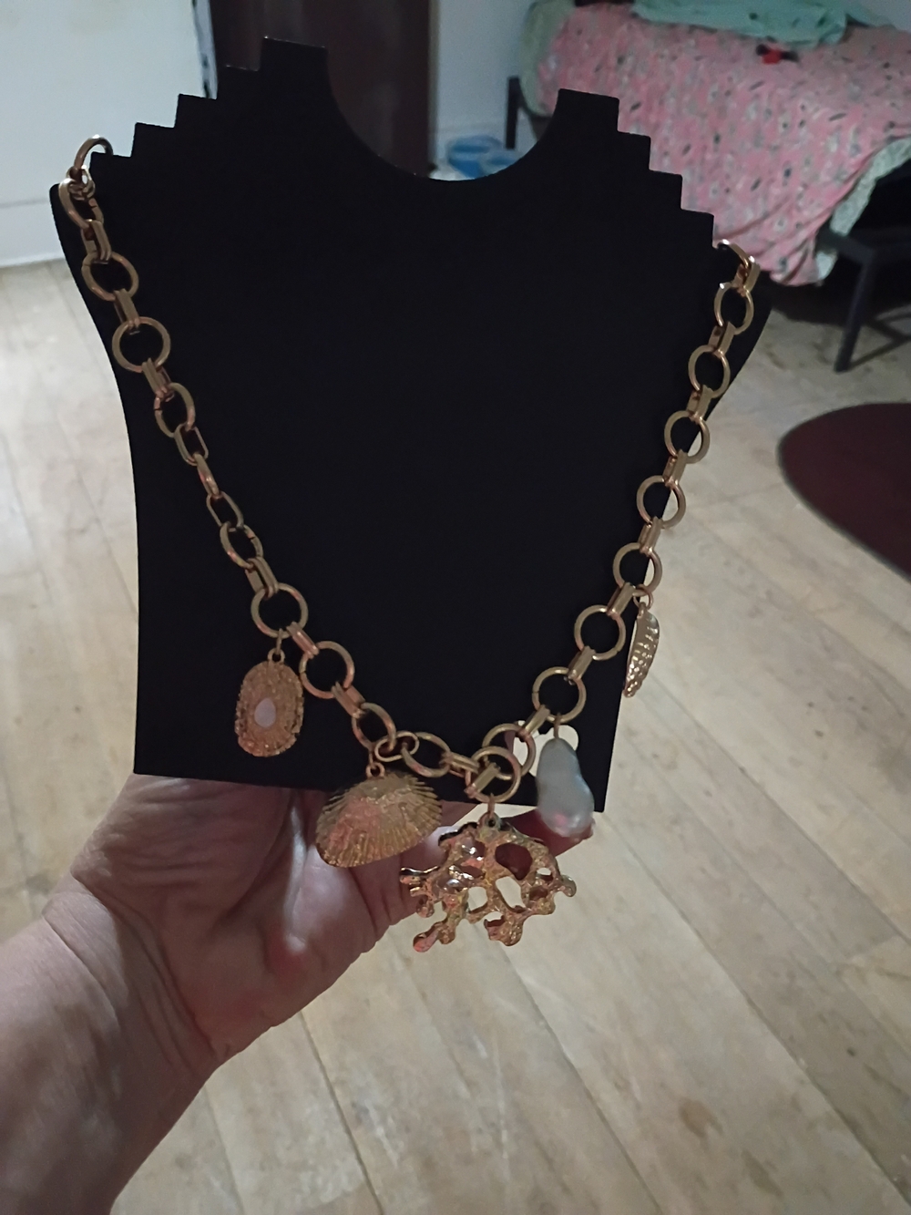 INC Gold Charm Chain Necklace with Seashell and Pearl Accents